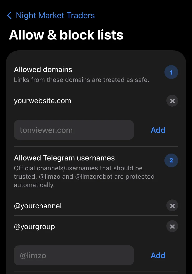 Limzo admin Mini App: allow and block lists