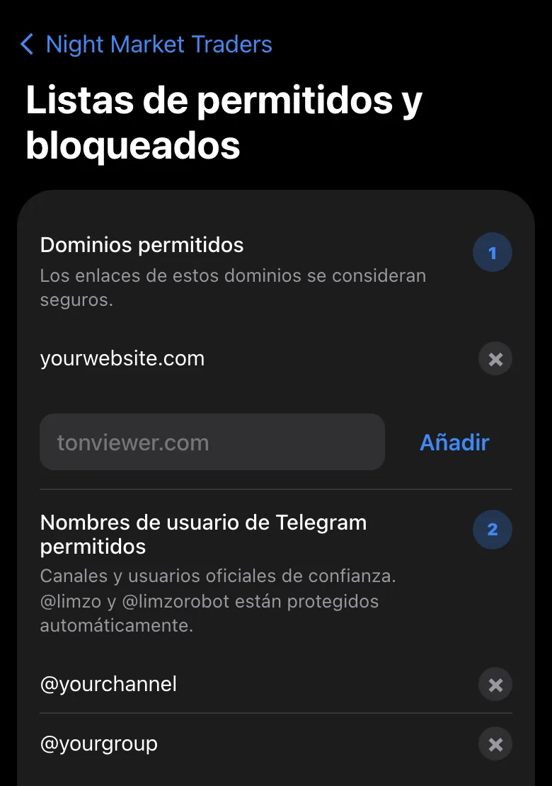 Mini App de admin de Limzo: listas de permitidos y bloqueados