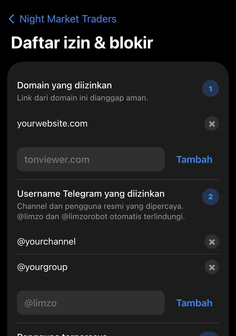 Mini App admin Limzo: daftar izin dan daftar blokir