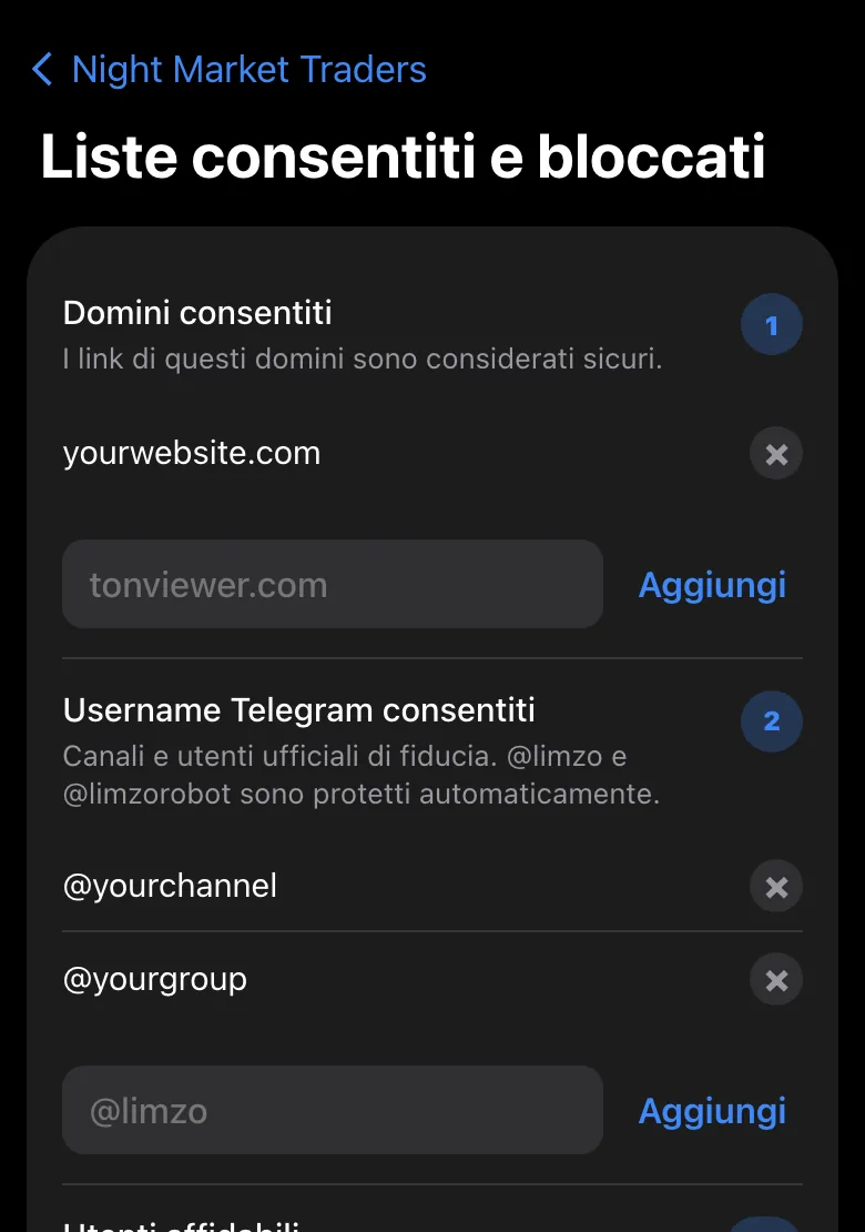 Mini App admin di Limzo: liste consentiti e bloccati