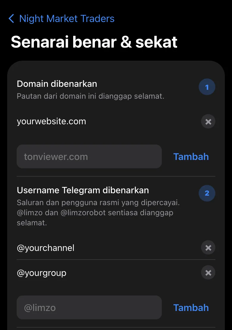 Mini App admin Limzo: senarai kebenaran dan senarai sekatan