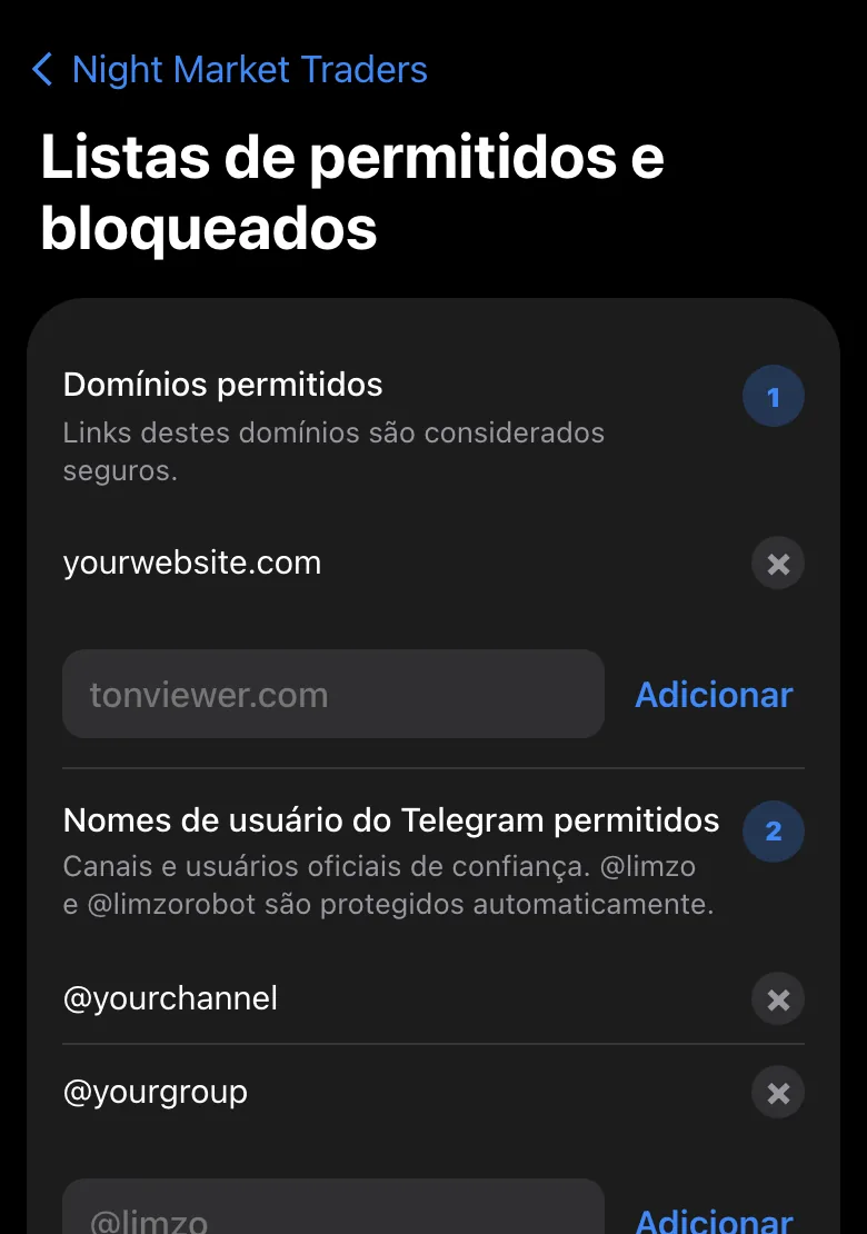 Mini App de admin do Limzo: listas de permitidos e bloqueados
