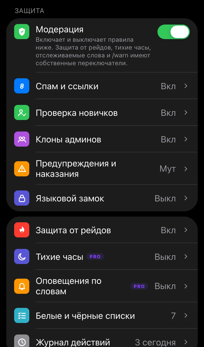 Мини-приложение Limzo для админов: переключатели модерации внутри Telegram