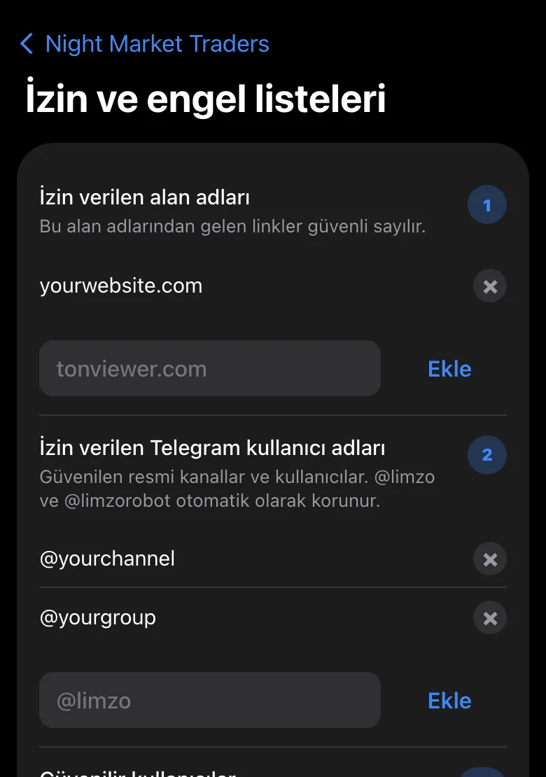 Limzo admin Mini App'i: izin ve engel listeleri