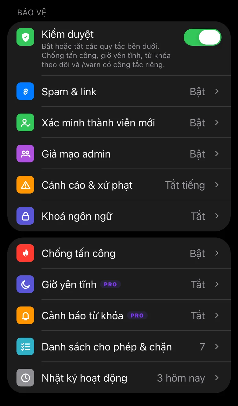 Mini App quản trị của Limzo: các công tắc kiểm duyệt ngay trong Telegram