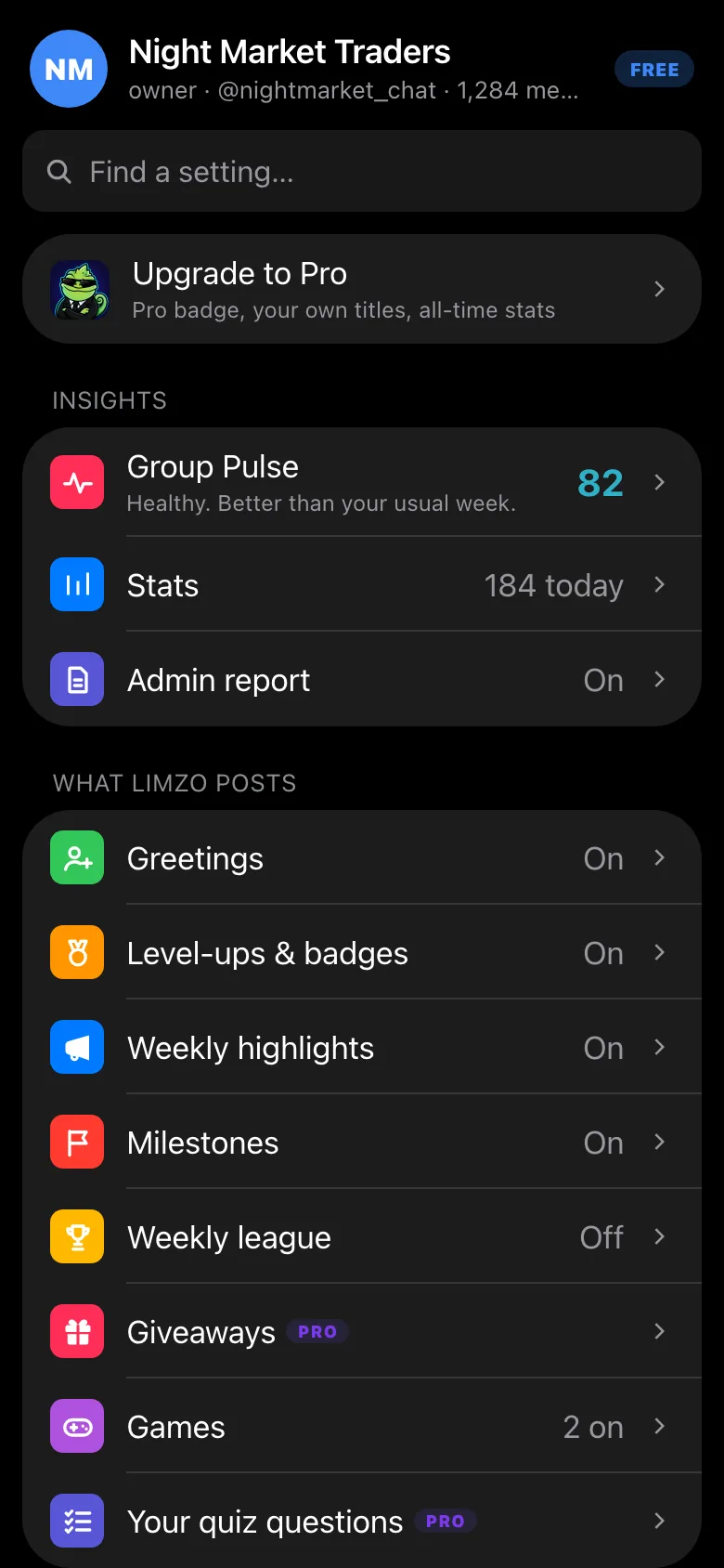Limzo Mini App group menu with the Greetings row