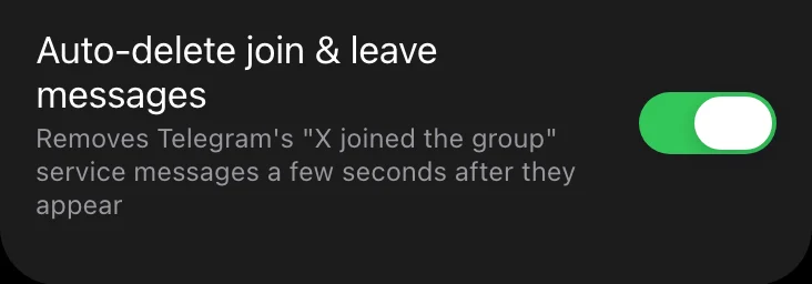 The switch that deletes join and leave messages in Limzo’s Mini App, turned on