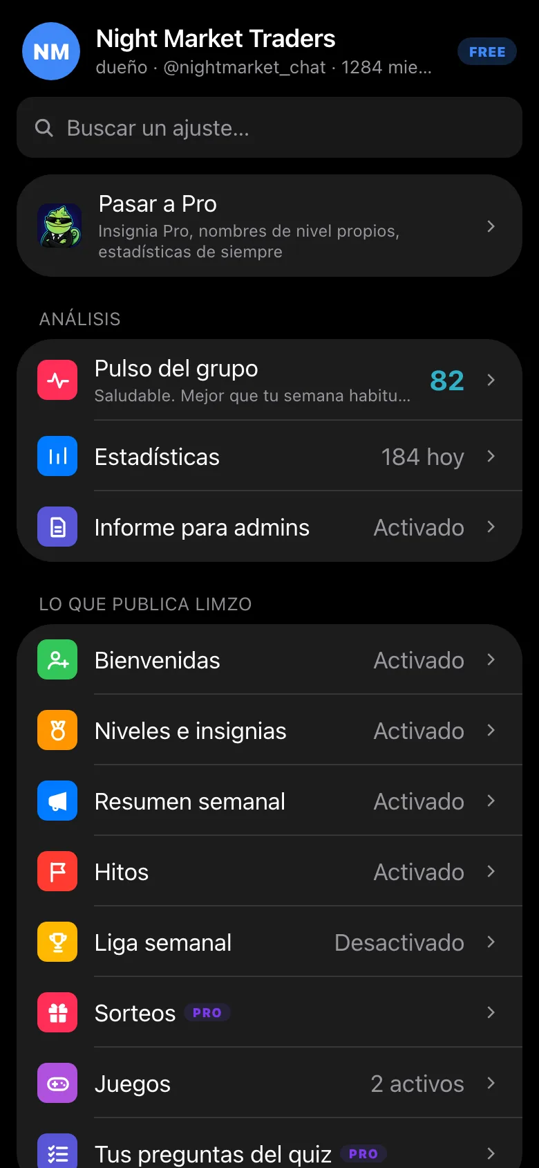 Menú del grupo en la Mini App de Limzo con la sección Bienvenidas