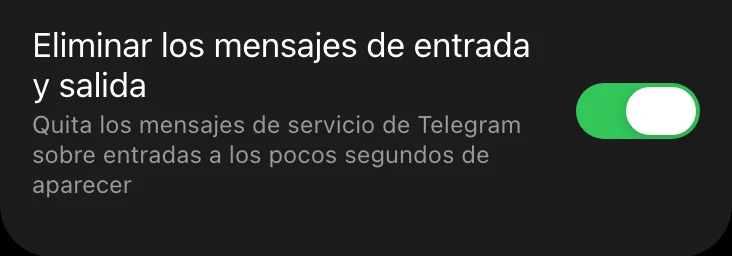 El interruptor que borra los mensajes de entrada y salida en la Mini App de Limzo, activado