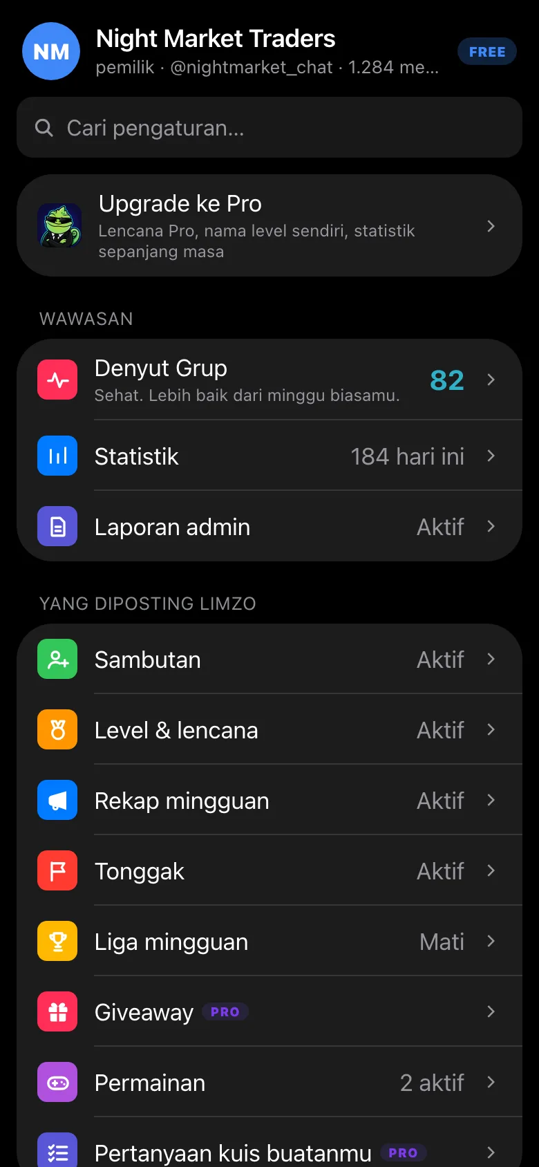 Menu grup di Mini App Limzo dengan baris Sambutan