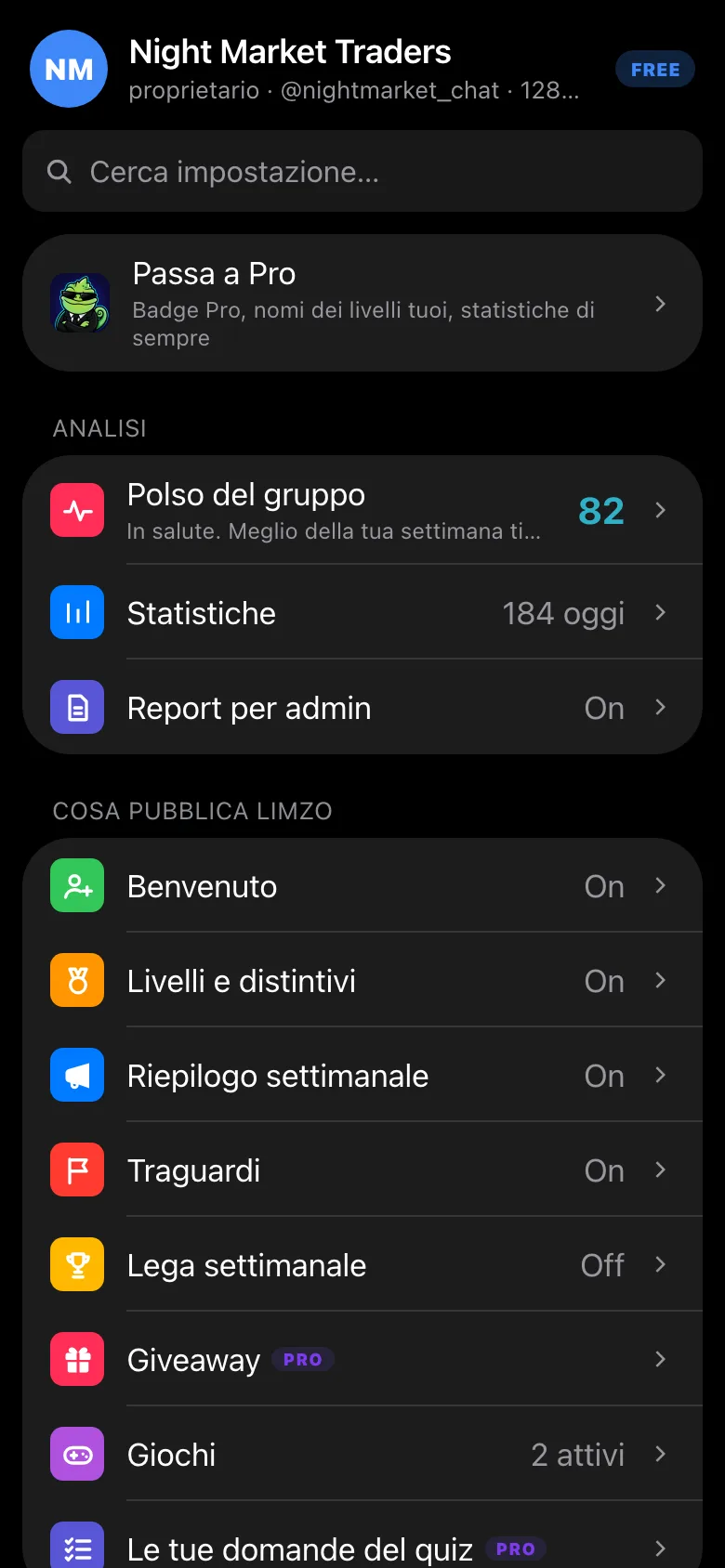 Menu del gruppo nella Mini App di Limzo con la voce Benvenuto