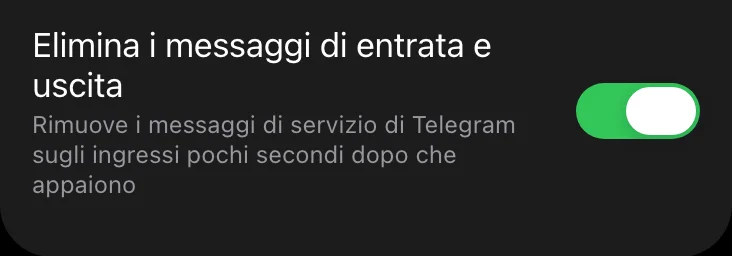 L’interruttore che elimina i messaggi di entrata e uscita nella Mini App di Limzo, attivo