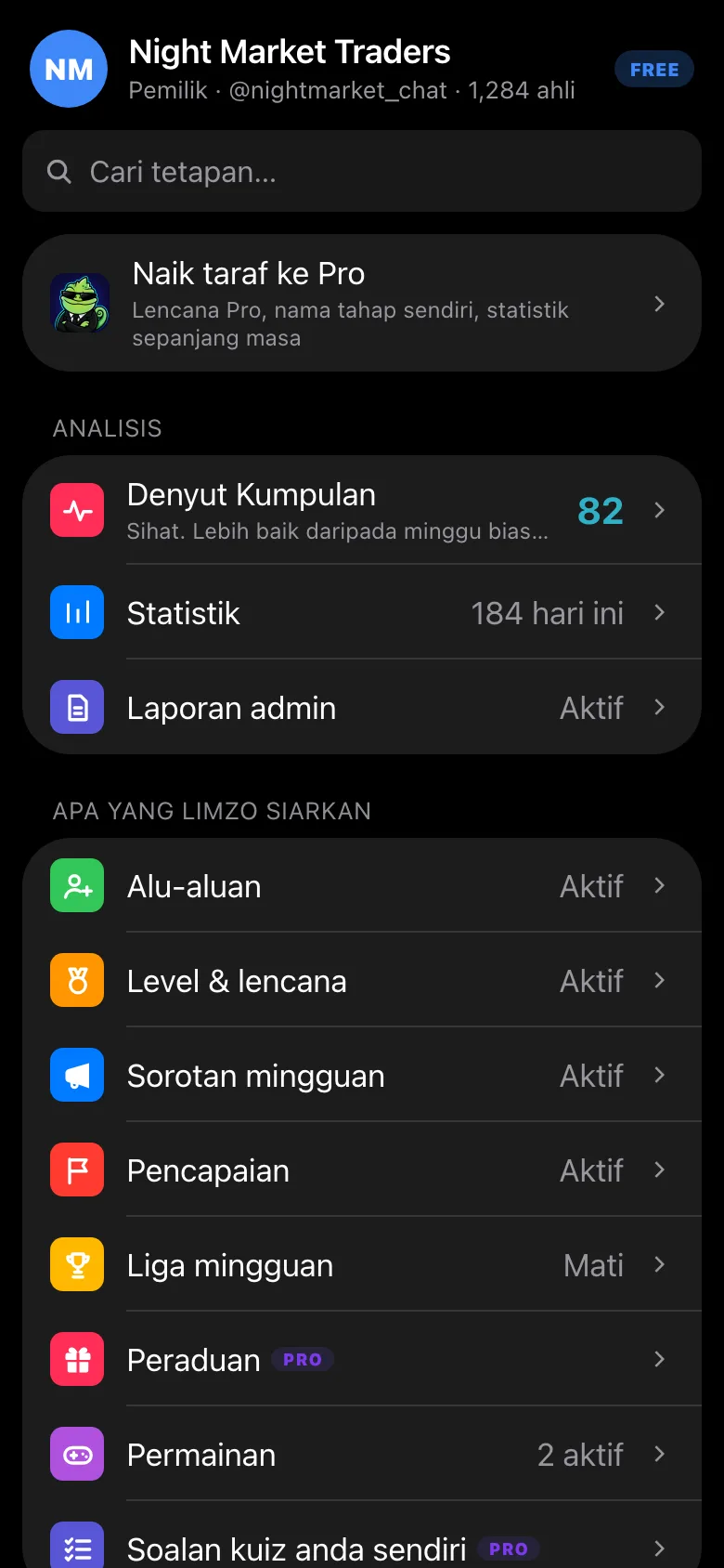 Menu kumpulan dalam Mini App Limzo dengan baris Alu-aluan