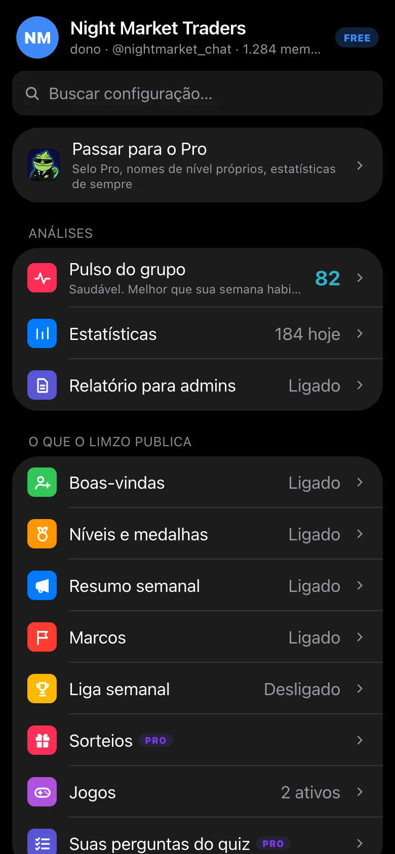 Menu do grupo na Mini App do Limzo com a seção Boas-vindas