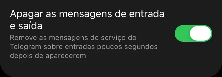 O botão que apaga as mensagens de entrada e saída na Mini App do Limzo, ligado