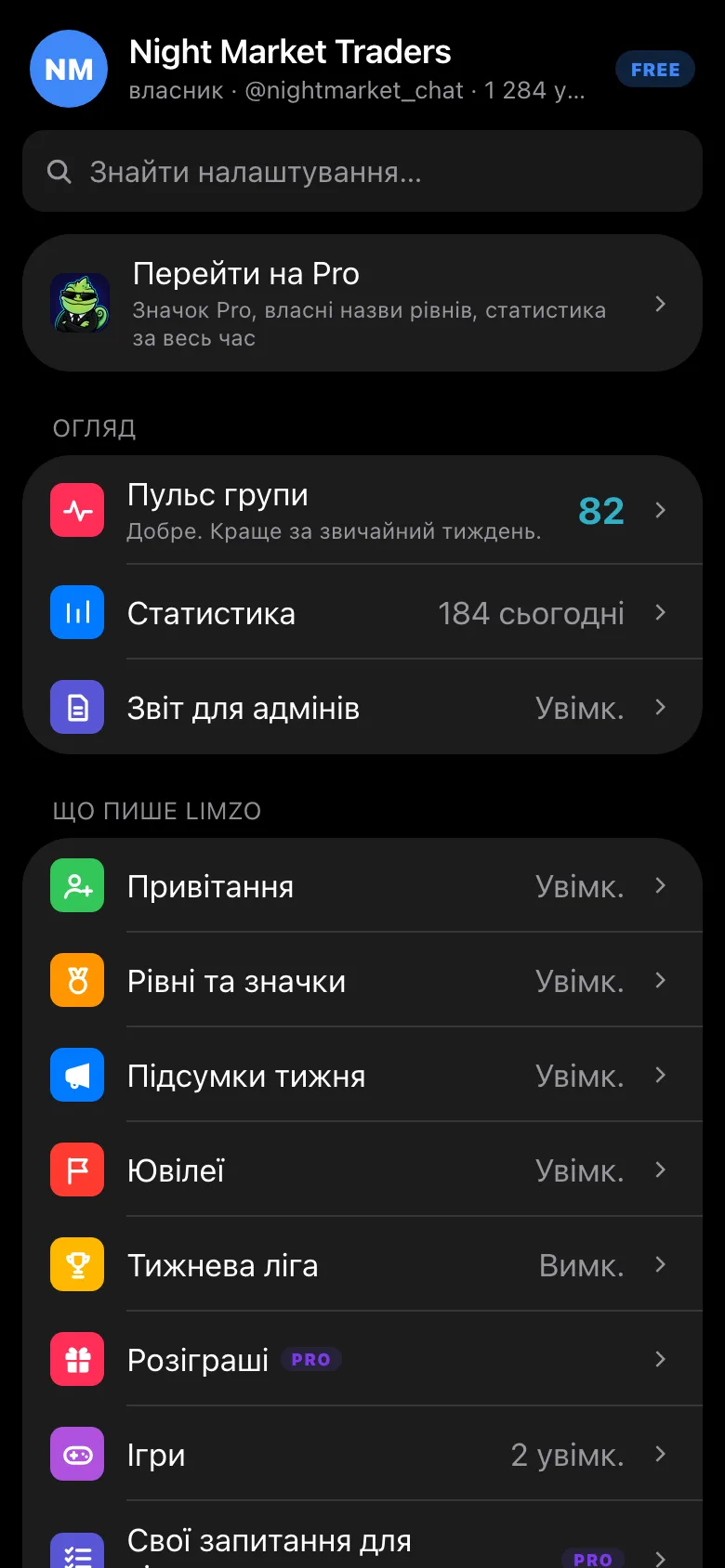 Меню групи в міні-застосунку Limzo з розділом «Привітання»
