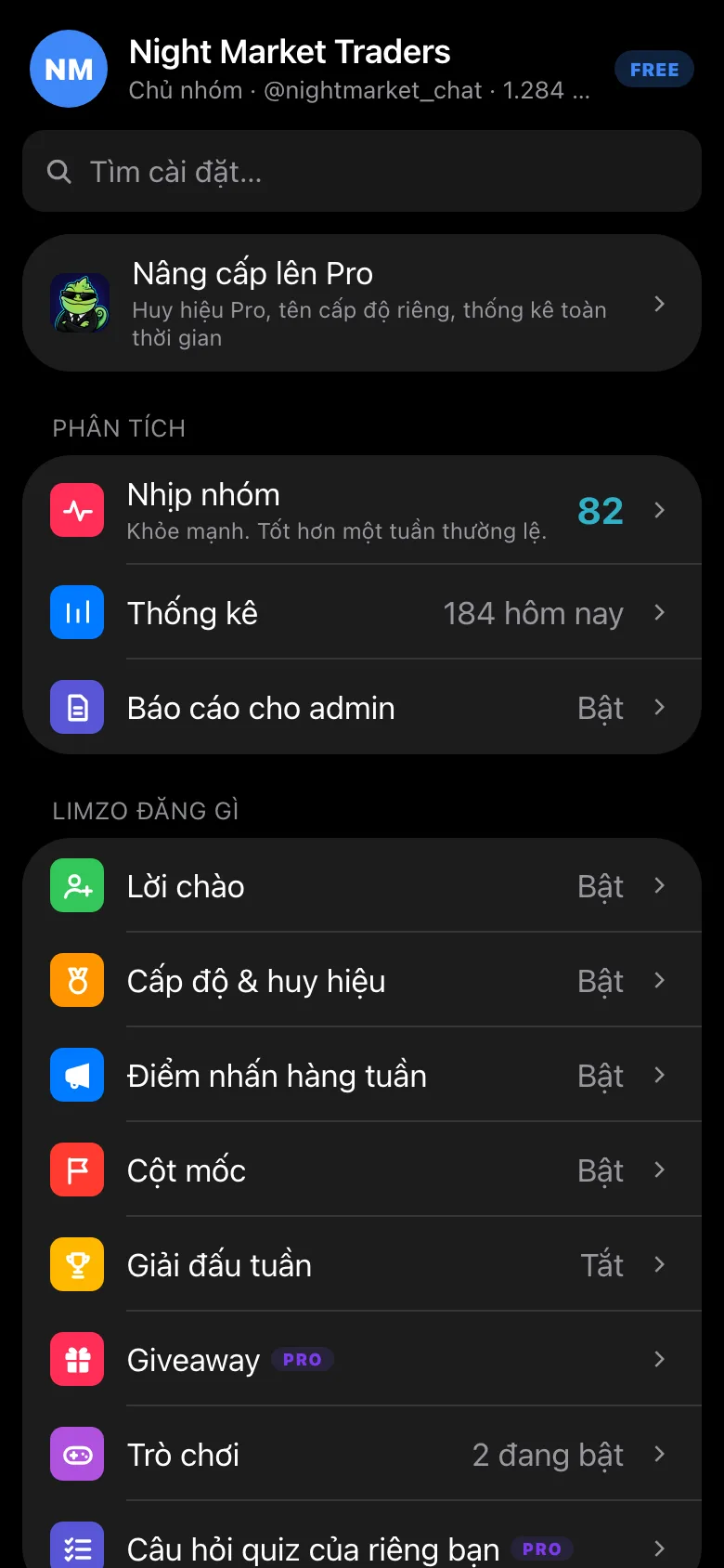 Menu nhóm trong Mini App của Limzo với mục Lời chào