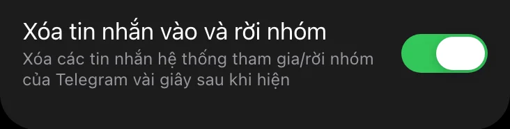 Công tắc xóa tin nhắn vào và rời nhóm trong Mini App của Limzo, đang bật