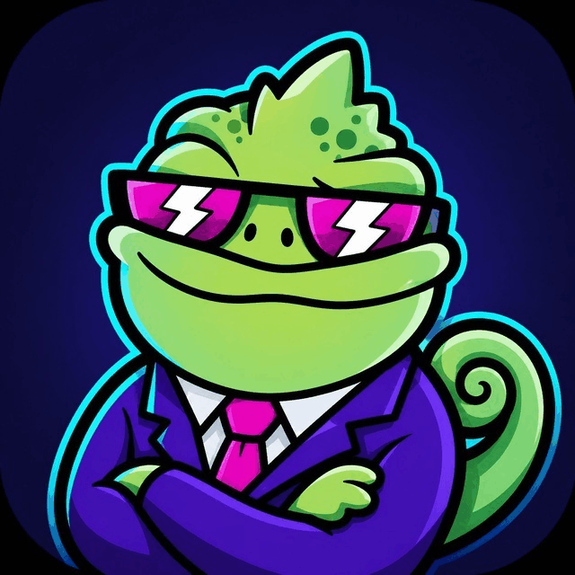 Limzo the chameleon in a violet suit and shades, arms crossed